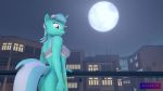  16:9 3d_(artwork) 4k absurd_res anthro antonsfms balcony bottomless bra breasts butt city clothed clothing digital_media_(artwork) female female/female friendship_is_magic hasbro hi_res lyra_heartstrings_(mlp) my_little_pony night pose sky smile solo source_filmmaker underwear widescreen 