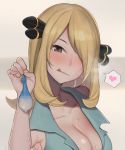  1girl absurdres bangs blonde_hair blush breasts cleavage collarbone condom cynthia_(pokemon) gatchan hair_ornament hair_over_one_eye heart heart_in_eye highres holding holding_condom large_breasts licking_lips long_hair looking_at_viewer naughty_face pokemon smile solo sweat symbol_in_eye tongue tongue_out upper_body used_condom 
