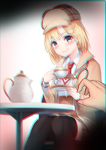  1girl absurdres blonde_hair blue_eyes chromatic_aberration eyebrows_visible_through_hair hat highres hololive hololive_english looking_at_viewer necktie red_neckwear shirt simple_background skirt smile thick_thighs thighhighs thighs virtual_youtuber watson_amelia white_shirt yatsucchie 