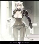  1boy 1girl ;) animal animal_ears armor ass_visible_through_thighs bertolucci_(pixiv_fantasia) black_gloves breasts cleavage copyright_name eyelashes fantasy garter_belt gloves holding holding_animal impossible_armor impossible_clothes indoors kitty_blanche_(pixiv_fantasia) large_breasts letterboxed lips long_hair nicole_pmonachi one_eye_closed pixiv_fantasia pixiv_fantasia_sword_regalia red_eyes seal see-through sheer_legwear shoulder_armor smile string_panties tail thighhighs tiger_ears tiger_tail vambraces 