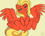  2019 absurd_res airfly-pony blonde_mane blue_eyes dock equid equine fan_character feathered_wings feathers featureless_crotch female feral fur hasbro hi_res inner_ear_fluff looking_at_viewer lying mammal mane my_little_pony on_back pegasus presenting_crotch red_body red_feathers red_fur red_wings signature simple_background solo spread_legs spreading text tongue tongue_out tuft underhoof wings yellow_background yellow_tail 