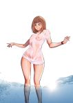  1girl black_eyes blush breasts brown_hair damian eyebrows_visible_through_hair fingernails medium_hair original parted_lips red_nails see-through solo sun watch water wet wet_clothes white_background wristwatch 