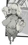  1girl absurdres animal_ears bangs body_markings breasts caenis_(fate) collarbone dark_skin fate/grand_order fate_(series) greyscale hair_intakes highres jacket large_breasts long_sleeves looking_at_viewer monochrome naked_jacket navel nipples open_clothes open_jacket open_mouth pool rei_no_pool wr_(karakusa_senbei) 