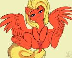  2019 absurd_res airfly-pony anus blonde_mane blue_eyes butt dock equid equine fan_character feathered_wings feathers female feral fur genitals hasbro hi_res inner_ear_fluff looking_at_viewer lying mammal mane my_little_pony on_back pegasus presenting presenting_anus presenting_crotch presenting_pussy pussy red_body red_feathers red_fur red_wings signature simple_background solo spread_legs spreading text tongue tongue_out tuft underhoof wings yellow_background yellow_tail 