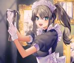  1girl :d apron arm_up bangs black_dress blue_eyes breasts brooch brown_hair collared_dress dress eyebrows_visible_through_hair gambe gloves hair_between_eyes hammer hand_up highres holding holding_hammer jewelry long_hair looking_at_viewer looking_to_the_side maid maid_headdress medium_breasts nail original painting_(object) picture_frame puffy_short_sleeves puffy_sleeves short_sleeves side_ponytail smile solo upper_body white_apron white_gloves 