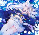  1girl animal_ear_fluff animal_ears azur_lane bangs bare_shoulders blue_butterfly blush breasts cleavage commentary_request eyebrows_visible_through_hair fox_ears grey_hair hair_ornament highres japanese_clothes kimono kitsune large_breasts long_hair looking_at_viewer multiple_tails off-shoulder_kimono purple_eyes shichijou_natori shinano_(azur_lane) solo tail white_legwear 