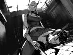  1boy 1girl breasts bruise ceiling character_request collarbone dutch_angle from_below girl_on_top greyscale gun head_tilt holding holding_gun holding_weapon indoors injury jacket kazunon large_breasts lips long_sleeves looking_at_another looking_down lying midriff monochrome navel on_floor pants psycho-pass sitting tank_top tile_floor tiles toned weapon 