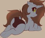  2020 anus_outline arjin_moon_(oc) arjinmoon balls_outline brown_mane brown_tail clothing dock ears_back equid equine fan_character feral fur genital_outline green_eyes grey_body grey_fur hasbro hi_res horn looking_at_viewer looking_back lying male mammal mane my_little_pony on_front on_ground panties pivoted_ears raised_tail simple_background solo tan_background underwear unicorn 