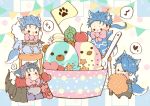  4boys animal_ears betushio bodysuit bow cape chibi cu_chulainn_(fate)_(all) cu_chulainn_(fate/grand_order) cu_chulainn_(fate/prototype) dog_ears facepaint fate/grand_order fate/prototype fate/stay_night fate_(series) food heart hood hood_down ice_cream lancer long_hair multiple_boys multiple_persona musical_note ponytail sparkle spiked_hair spoon tail type-moon 