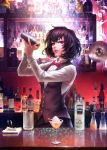  1girl alcohol bartender black_hair bow bowtie chain_sumeragi cherry cocktail_glass cocktail_shaker counter cup drinking_glass food fruit highres indoors kekkai_sensen long_sleeves looking_at_viewer mole mole_under_eye pink_eyes red_bow shaking shirt solafuxiao solo vest white_shirt 