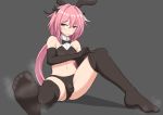  1boy animal_ears astolfo_(saber)_(fate) bare_shoulders black_gloves black_legwear black_ribbon blush bow bulge bunny_ears closed_mouth commentary_request crossdressing elbow_gloves fake_animal_ears fang fate/grand_order fate_(series) feet gloves jkisaradu long_hair looking_at_viewer male_focus midriff navel otoko_no_ko panties pink_hair purple_eyes ribbon ribbon_hair skin_fang smell smelly_feet soles solo steam thighhighs underwear 
