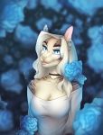  anthro blue_eyes breasts catherinemeow detailed_background domestic_cat felid feline felis female flower fur hair hi_res mammal multicolored_body multicolored_fur open_mouth open_smile piercing plant smile solo teeth tongue two_tone_body two_tone_fur white_hair 