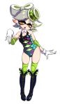  +_+ 1girl adapted_costume boots detached_collar earrings elbow_pads fangs gloves hanya_(hanya_yashiki) hotaru_(splatoon) jewelry knee_boots knee_pads leotard pointy_ears pose short_hair silver_hair solo splatoon_(series) tentacle_hair thighhighs white_background white_gloves wrestling_outfit yellow_eyes 
