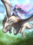  1girl absurdres bird blue_dress cape claws cloak closed_mouth commission commissioner_upload dragon dress expressionless fire_emblem fire_emblem:_the_binding_blade flying hair_blowing highres horns huge_filesize landscape long_hair long_sleeves nature picnicic purple_eyes purple_hair riding scales sky sophia_(fire_emblem) tail very_long_hair yellow_eyes 