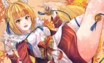  1girl animal_ears blonde_hair brown_hair fingerless_gloves fire_emblem fire_emblem_fates fox_ears fox_tail fuussu_(21-kazin) gloves hair_ornament holding japanese_clothes multicolored_hair open_mouth selkie_(fire_emblem) short_hair solo streaked_hair tail white_gloves yellow_eyes 