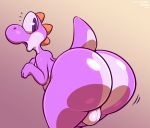  anthro backsack balls big_butt big_eyes butt frumples genitals girly huge_butt looking_at_viewer looking_back looking_back_at_viewer male mario_bros nintendo nude orange_background presenting presenting_hindquarters purple_body purple_yoshi simple_background solo video_games wide_eyed yoshi 