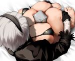  1girl bakkanki bed_sheet between_breasts bikini black_bikini breastless_clothes breasts cleavage hands_on_own_knees juliet_sleeves large_breasts legs_together long_sleeves nier_(series) nier_automata on_bed pod_(nier_automata) puffy_sleeves robot short_hair sitting swimsuit thick_thighs thighs toes white_hair yorha_no._2_type_b 