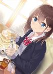  1girl 7_calpis_7 bangs black_jacket blazer blue_eyes blush bow brown_hair closed_mouth collared_shirt commentary_request cup diagonal_stripes drink drinking_glass dutch_angle eyebrows_visible_through_hair food fork grey_sweater hair_between_eyes highres holding holding_fork ice ice_cube indoors jacket knife long_hair long_sleeves looking_at_viewer open_blazer open_clothes open_jacket original pancake plate red_bow school_uniform shirt sitting sleeves_past_wrists smile solo stack_of_pancakes striped striped_bow sweater table upper_body white_shirt 