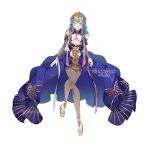  1girl absurdres braid breasts byleth_(fire_emblem) byleth_(fire_emblem)_(female) cleavage commission cosplay dress fire_emblem fire_emblem:_three_houses full_body green_eyes green_hair high_heels highres inkanii ribbon_braid simple_background solo sothis_(fire_emblem) sothis_(fire_emblem)_(cosplay) twin_braids white_background 