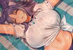  1girl animal_ear_fluff animal_ears bikini blush breasts closed_eyes commentary_request large_breasts long_hair lying makoto_(princess_connect!) mitsugi navel on_back open_mouth princess_connect! princess_connect!_re:dive purple_bikini purple_hair sleeping solo sweat swimsuit wolf_ears 