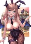  1girl :d akabane_(zebrasmise) animal_ears bare_arms bare_shoulders between_breasts black_leotard black_neckwear blue_eyes blush breasts brown_hair bunny_ears bunnysuit cleavage covered_navel cowboy_shot demon_girl demon_horns demon_tail demon_wings detached_collar fake_animal_ears fishnet_legwear fishnets groin hair_ornament hairband hairclip hand_up highleg highleg_leotard highres horns large_breasts leotard long_hair looking_at_viewer necktie nijisanji open_mouth pantyhose smile solo strapless strapless_leotard suzuhara_lulu tail tail_raised thigh_gap thigh_strap virtual_youtuber wings wrist_cuffs x_hair_ornament 
