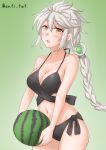  1girl anti_(untea9) asymmetrical_hair bikini black_bikini braid breasts brown_eyes cleavage commentary_request cowboy_shot food fruit gradient gradient_background green_background highres kantai_collection large_breasts long_hair looking_at_viewer side-tie_bikini silver_hair single_braid solo standing swimsuit twitter_username unryuu_(kantai_collection) very_long_hair watermelon 