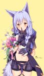  1girl animal_ears arknights bangs bouquet braid brown_eyes commentary cowboy_shot flower gloves grin hair_between_eyes hand_up highres index_finger_raised kuri_(animejpholic) long_hair looking_at_viewer midriff navel provence_(arknights) purple_flower purple_gloves purple_hair purple_shorts short_shorts short_sleeves shorts simple_background single_braid smile solo standing stomach tail wolf_ears wolf_tail yellow_background 