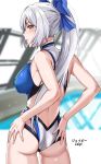  1girl ass back bangs blue_bow blue_swimsuit blush bow breasts competition_swimsuit fate/grand_order fate_(series) hair_bow highleg highleg_swimsuit highres john_mangalile large_breasts long_hair looking_at_viewer looking_back one-piece_swimsuit parted_lips ponytail red_eyes silver_hair swimsuit thighs tomoe_gozen_(fate/grand_order) tomoe_gozen_(swimsuit_saber)_(fate) two-tone_swimsuit white_swimsuit 