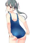  1girl absurdres ass blush from_behind grey_hair hair_ribbon haoriya_chie_(minidraco) highres looking_at_viewer minidraco open_mouth original red_eyes ribbon school_swimsuit simple_background solo swimsuit swimsuit_pull thighs twintails wet 