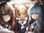  animal_ears arknights blonde_hair brown_hair close gray_hair kyoro_ina red_eyes school_uniform tagme_(character) tie wink 