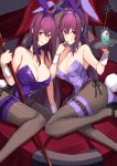  2girls absurdres animal_ears bangs blush breasts bunny_ears bunnysuit cleavage cup detached_collar drinking_glass fake_animal_ears fate/grand_order fate_(series) fishnet_legwear fishnets gae_bolg hair_between_eyes highleg highleg_leotard highres large_breasts leotard long_hair looking_at_viewer multiple_girls nanakaku pantyhose piercing_bunny polearm purple_hair purple_leotard red_eyes scathach_(fate)_(all) scathach_(fate/grand_order) scathach_skadi_(fate/grand_order) spear thighs tray weapon wrist_cuffs 