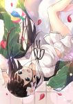  1girl ama_usa_an_uniform arm_up bangs black_hair black_ribbon blush breasts commentary_request eyebrows_visible_through_hair feet_out_of_frame flower gochuumon_wa_usagi_desu_ka? green_eyes green_kimono hair_flower hair_ornament hand_up japanese_clothes kimono long_hair long_sleeves medium_breasts neck_ribbon neki_(wakiko) open_clothes open_kimono open_mouth paper_balloon petals pleated_skirt ribbon sailor_collar school_uniform serafuku shirt skirt sleeves_past_wrists solo striped striped_kimono ujimatsu_chiya vertical-striped_kimono vertical_stripes very_long_hair white_flower white_sailor_collar white_serafuku white_shirt white_skirt wide_sleeves 