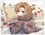  1girl border brown_eyes brown_hair cherry closed_mouth floral_print food from_behind fruit ka_(marukogedago) leaf looking_at_viewer looking_back lying medium_hair on_bed on_stomach original pillow solo under_covers white_border 