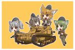  4girls absurdres animal_ears armored_vehicle artist_request binoculars brown_eyes brown_hair carro_veloce_cv-33 caterpillar_tracks chibi commentary_request dog_ears green_eyes green_hair grey_hair ground_vehicle gun handgun hat highres italy light_brown_hair military military_hat military_uniform military_vehicle motor_vehicle multiple_girls open_mouth original pistol short_hair smile submachine_gun tank uniform weapon yellow_background zanshomimai 