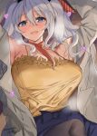  1girl :d artist_name black_legwear blue_eyes blush breasts collarbone eyebrows_visible_through_hair hair_between_eyes heart highres jacket kantai_collection kashima_(kantai_collection) large_breasts long_hair long_sleeves mizuta_kenji open_clothes open_jacket open_mouth pantyhose signature silver_hair smile solo twintails twitter_username white_jacket 