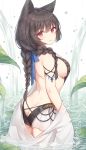  1girl animal_ears arched_back ass ayuanlv back backless_swimsuit bare_shoulders bikini black_bikini black_hair blue_ribbon braid erune from_side granblue_fantasy hair_ribbon highres leaf lily_pad long_hair looking_at_viewer looking_back nier_(granblue_fantasy) parted_lips red_eyes ribbon ripples shoulder_blades solo standing swimsuit towel twin_braids wading water waterfall white_background 