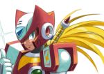  1boy android armor blonde_hair blue_eyes energy_sword gloves helmet hi-go! long_hair looking_at_viewer male_focus ponytail robot rockman rockman_x simple_background smile solo sword upper_body very_long_hair weapon white_background zero_(rockman) 