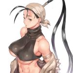  1girl abs antenna_hair bare_shoulders black_eyes black_hair copyright_request covered_nipples from_side head_scarf long_hair looking_at_viewer navel parted_lips ponytail shu-mai simple_background solo toned upper_body very_long_hair white_background 