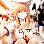  1girl animal_ears blurry blurry_background blush breasts commentary_request covered_mouth day depth_of_field fate/extra fate/extra_ccc fate/extra_ccc_fox_tail fate_(series) fox_ears fox_girl fox_tail holding holding_hair large_breasts long_hair looking_at_viewer mask mouth_mask nail_polish orange_hair outdoors red_nails red_ribbon ribbon scrunchie shirt short_sleeves solo_focus squatting suien suzuka_gozen_(fate) tail white_shirt wrist_scrunchie yellow_eyes 