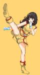  1girl black_hair breasts fa_yuiry floating_hair gloves gundam kicking leg_up medium_breasts medium_hair open_mouth solo tamakoshi_horiyuki white_gloves yellow_background zeta_gundam 