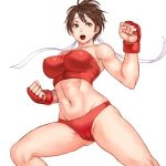  1girl abs bare_shoulders breasts brown_hair cameltoe clenched_hands covered_nipples headband large_breasts legs_apart navel open_mouth round_teeth ryuuko_no_ken shu-mai simple_background solo standing teeth the_king_of_fighters toned white_background yuri_sakazaki 