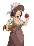  1girl barleyshake basket borrowed_character breasts brown_hair cleavage english_commentary food fruit green_eyes highres holding holding_basket large_breasts looking_to_the_side open_mouth original solo tongue tongue_out white_background 