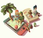  cape coconut dress flower frog game_boy hair_flower hair_ornament handheld_game_console hat highres kaeru_no_tame_ni_kane_wa_naru link marin_(the_legend_of_zelda) nintendo nintendo_switch octorok palm_tree playing_games pointy_ears prince_richard_(kaeru_no_tame_ni_kane_wa_naru) sabure_oukoku_no_ouji shield sitting sword the_legend_of_zelda the_legend_of_zelda:_link&#039;s_awakening through_screen tree weapon yukifuru2626 