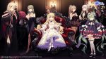  6+girls absurdres akashi_(azur_lane) akashi_(black_cat_strikes!)_(azur_lane) artist_request azur_lane bare_shoulders bismarck_(azur_lane) bismarck_(beacon_of_the_ironblood)_(azur_lane) black_bow black_dress black_footwear blonde_hair blue_eyes bow braid breasts brown_dress brown_gloves brown_hair center_opening cleavage_cutout clothing_cutout cocktail_dress corset crown cup detached_sleeves dress drinking_glass enterprise_(azur_lane) enterprise_(heroic_finery)_(azur_lane) evening_gown fingerless_gloves flower frilled_hairband frills gloves gold_bracelet gold_choker green_hair hair_between_eyes hair_ornament hairband high_heels highres indoors iron_cross jean_bart_(azur_lane) jean_bart_(uninhibited_bloodstone)_(azur_lane) lace-trimmed_hairband lace_trim large_breasts littorio_(azur_lane) littorio_(calabria_aurea)_(azur_lane) lolita_fashion long_dress long_hair looking_at_viewer medal mini_crown mole mole_under_eye multiple_girls neckwear_between_breasts oak_leaf official_art open_mouth ponytail puffy_sleeves purple_eyes queen_elizabeth_(azur_lane) queen_elizabeth_(the_queen&#039;s_ball)_(azur_lane) red_eyes rose see-through short_dress side_slit sideboob sitting sleeveless sleeveless_dress sleeves_past_fingers sleeves_past_wrists small_breasts strapless strapless_dress thighhighs throne vase very_long_hair white_bow white_dress white_gloves white_legwear wine_glass zettai_ryouiki 