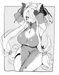  1girl adjusting_hair breasts bun_cover china_dress chinese_clothes cleavage cleavage_cutout clothing_cutout double_bun draph dress elbow_gloves flower gloves granblue_fantasy hair_flower hair_ornament hair_over_one_eye horns large_breasts long_hair low-tied_long_hair monochrome mouth_hold narmaya_(granblue_fantasy) ribbon sakita_(ookawarii) sitting smile solo thigh_strap thighs underboob_cutout very_long_hair wide_hips 