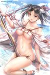  1girl bangs bare_shoulders beach bikini blue_sky breasts brown_eyes brown_hair cleavage collarbone consort_yu_(fate) earrings eyewear_on_head fate/grand_order fate_(series) hair_ornament jewelry large_breasts long_hair multiple_earrings navel ocean open_clothes open_mouth polearm rei_kun robe shore sky smile spear sunglasses sunlight swimsuit thighs twintails very_long_hair weapon white_bikini yu_miaoyi_(swimsuit_lancer) 