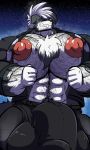  2018 5_fingers anthro balls barazoku beard belt big_balls big_bulge big_muscles big_penis bobert body_hair bottomwear bulge canid canine chest_hair clothing facial_hair fingers genitals grin hair hairy hi_res huge_balls huge_bulge huge_muscles huge_penis hyper hyper_balls hyper_bulge hyper_genitalia hyper_muscles hyper_nipples hyper_pecs hyper_penis looking_at_viewer lycanroc male mammal midnight_lycanroc multicolored_hair muscular muscular_anthro muscular_male night nintendo nipples pants penis pok&eacute;mon pok&eacute;mon_(species) red_eyes shirt sky smile solo star starry_sky topwear video_games 