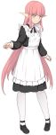  1girl alternate_costume apron black_dress black_footwear blue_eyes circe_(fate/grand_order) closed_mouth dress enmaided fate/grand_order fate_(series) full_body long_hair long_sleeves looking_at_viewer maid maid_apron multicolored multicolored_eyes neck_ribbon pantyhose pink_eyes pink_hair pointy_ears ribbon shiseki_hirame shoes simple_background smile solo very_long_hair white_apron white_background white_legwear white_neckwear white_ribbon 