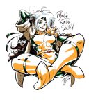  1girl artist_name biting bodysuit bodysuit_under_clothes breasts bright_pupils crossed_legs english_commentary english_text floating green_eyes large_breasts lip_biting long_hair looking_at_viewer marvel michel_dinel red_hair rogue_(x-men) sitting solo trench_coat white_hair white_pupils x-men 