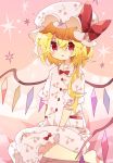  1girl alternate_costume barefoot blonde_hair bow cherry_print commentary_request crystal flandre_scarlet food_print hat hat_bow highres long_hair mob_cap nikorashi-ka pajamas pink_background pink_headwear pink_pajamas print_headwear print_pajamas red_bow red_eyes short_sleeves side_ponytail sitting solo star_(symbol) touhou wings yokozuwari 